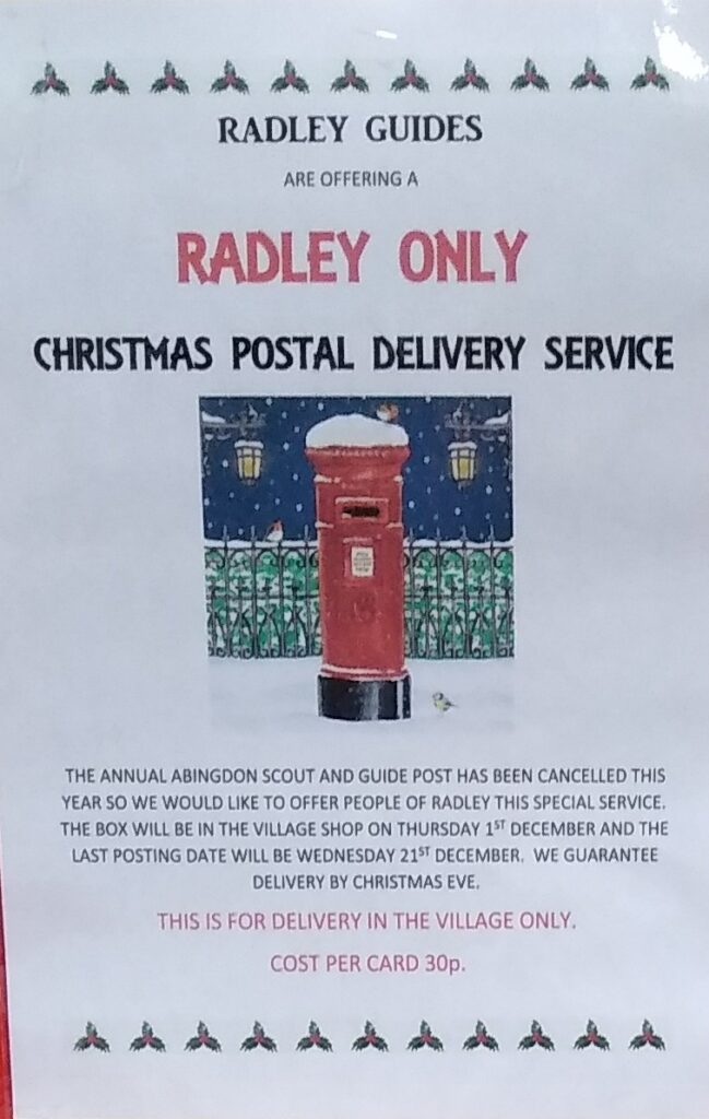 Poster in Radley Village Shop advertising the Radley Guides Christmas post service
