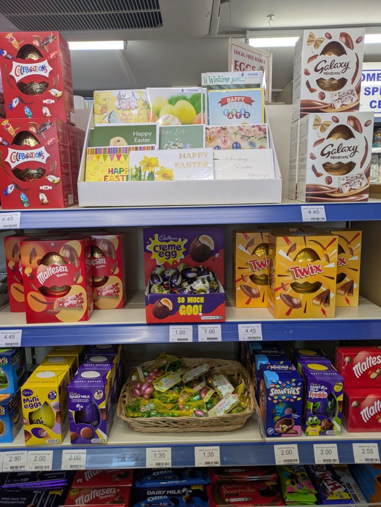 Display of Easter eggs and cards at Radley Village Shop, Easter 2025