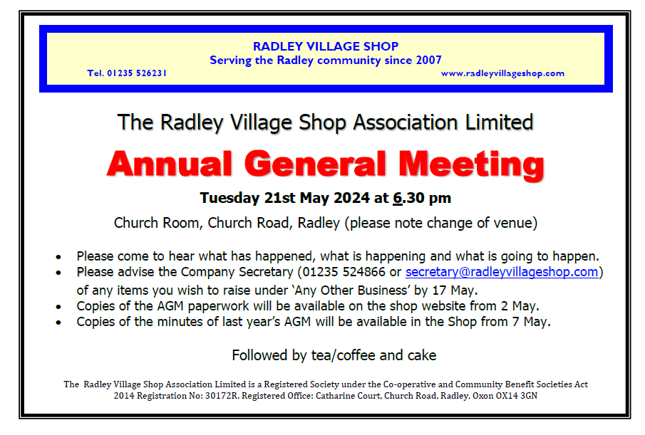 Notice about the AGM of The Radley Village Shop Association Limited on Tuesday 21st May 2024