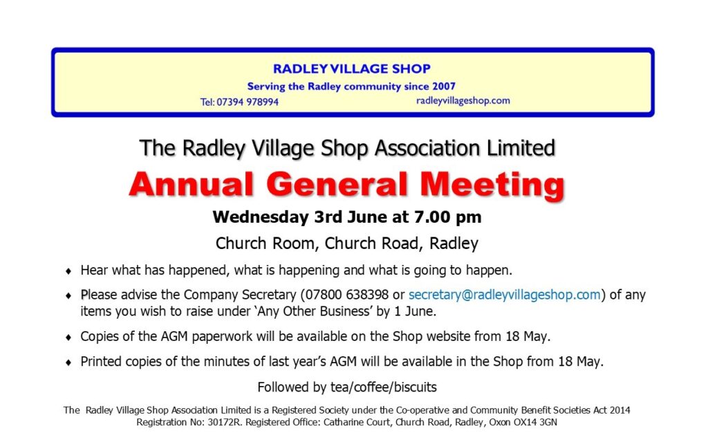 Image giving details of the 2026 AMG of The Radley Village Shop Association Limited