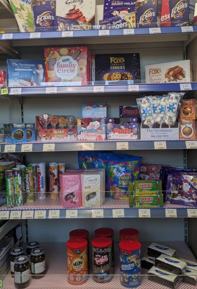Display of Christmas goodies for sale at Radley Village Shop